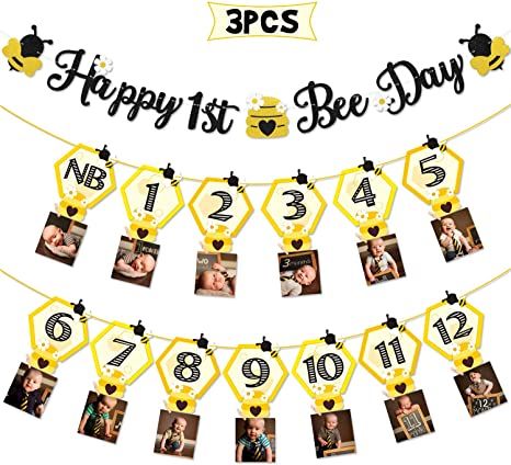 Amazon.com: 3PCS Happy Bee Day Party Decorations, Bumble Honey Bee 1st Birthday Baby Photo Banner for Newborn to 12 Months, Monthly Milestone Photograph Bunting Garland, First Birthday Celebration Decorations : Toys & Games Bee Day Party, Bee 1st Birthday, Bee Birthday Theme, Happy Bee Day, Bee Party Decorations, Bee Themed Birthday Party, Birthday Celebration Decorations, Day Party Decorations, Bee Theme Party