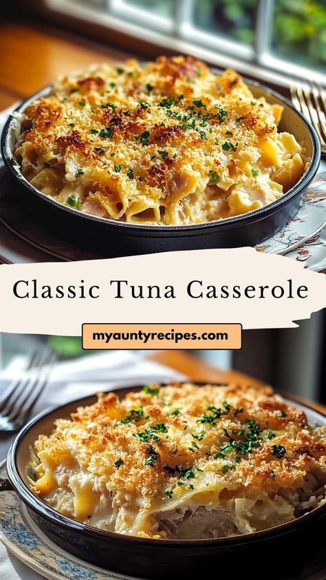 Make dinner simple and delicious with our Easy Classic Tuna Casserole Recipe! This creamy casserole combines tender pasta, tuna, and a rich cheese sauce, topped with crunchy breadcrumbs for the perfect texture. It’s a quick, hearty meal that’s great for weeknights or meal prep. Full of classic flavors, this dish is sure to be a family favorite! Tuna Casserole For One, Dinner Recipes With Tuna, Easy Tuna Casserole Simple, Tuna Skillet Recipes, Tina Casserole, Best Tuna Casserole Recipe, Tuna And Pasta Recipes, Tuna Casserole Recipes Easy, Simple Supper Ideas Quick