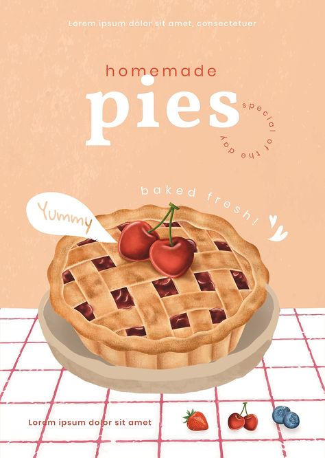 Homemade pies poster template illustration | premium image by rawpixel.com / Aew Pie Drawing Easy, Pie Drawing, Mixed Berry Pie, Baking Scones, Homemade Buns, Thanksgiving Pumpkin Pie, Dessert Illustration, Cartoon Food, Bakery Menu