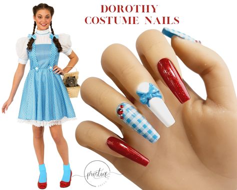 Dorothy Inspired Nails, Wizard Of Oz Nail Art, Dorothy Nails Wizard Of Oz, Wizard Of Oz Nails Designs, Dorothy Nails, Light Blue Gel Polish, Wizard Of Oz Nails, Cosplay Nails, Dorothy Cosplay