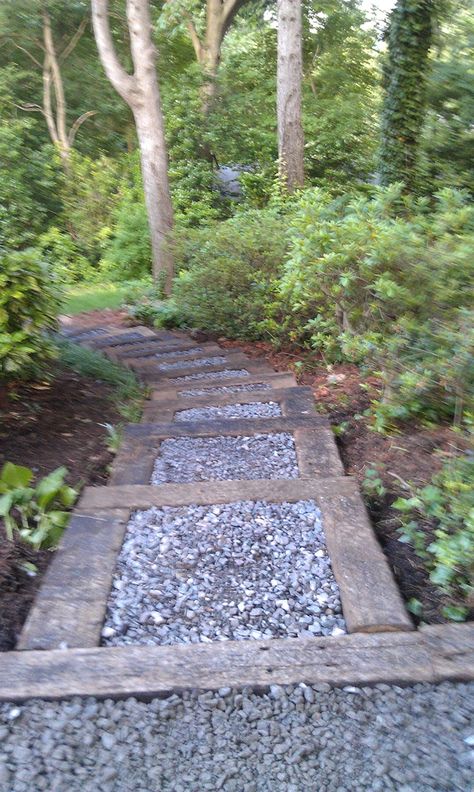 Walkway with stone and railroad ties.                                                                                                                                                                                 More Terrace Steps, Railroad Ties Landscaping, Terraced Garden, Railroad Ties, Path Ideas, Garden Stairs, Garden Walkway, Garden Steps, Garden Terrace