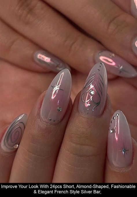 Nailspo Almond, Short Almond Acrylic Nails Design, Pink Elegant Nails, Pink Acrylic Nails Almond, Short Silver Nails, Eid Nails, Shein Nails, Art Creative Ideas, Nail Art Creative