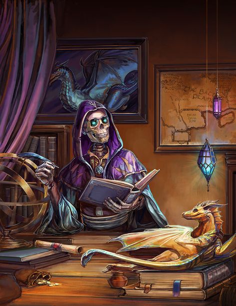 Wizard Book Art, Cool Wizard Art, 80s Dark Fantasy Art, 80s Fantasy Art, Skeleton Wizard, Types Of Magic, Fantasy Wizard, Pet Dragon, Paintings And Drawings