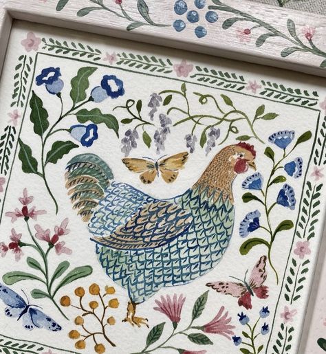 Chicken Illustration, Hand Painted Wooden Box, Watercolor Border, Painted Picture Frames, Persian Art Painting, Painting Art Projects, Painted Paper, Watercolor Cards, Simple Art