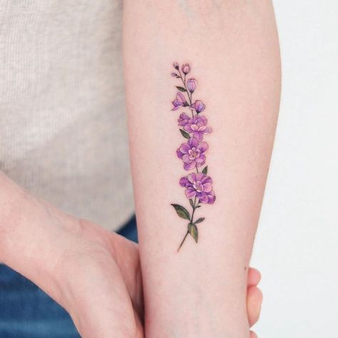 Delphinium Tattoo Design, Heliotrope Tattoo, Delphinium Flower Tattoo, Delphinium Tattoo, Heliotrope Flower, Flower Tattoo Meaning, Tattoo Para, Larkspur Tattoo, Delphinium Flower