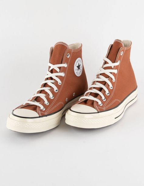 Converse Chuck 70 High Top Shoes. Just In Time For Cooler Weather, Your Favorite Chuck 70 Gets Refreshed For The Season. Fall-Ready Canvas In Lush Colors Help You Add Lasting Style To Your Rotation. On Shorter Days And Longer Nights, This Timeless Look Is Always Ready For You To Style Your Way. High-Top Shoe With Canvas Upper. Ortholite Cushioning For All-Day Comfort. Iconic Converse Egret Midsole. Faux Leather All Star Patch. Imported. Hiking Converse, Burnt Orange Converse, Orange Converse Outfit, Fall Converse, Beige Converse, Converse Chuck 70 High Top, Orange Converse, Chuck 70 High Top, Sandals Design