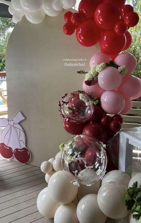 Pink And Red Sweet 16, Black And Red Decorations Birthday, Pink And Red Balloon Garland, Cherry Party Theme, Pink And Red Birthday Party Decor, Red Sweet 16 Decorations, Red And White Backdrop, Cherry Birthday Party Theme, Pink And Red Birthday