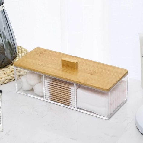 Add this bamboo lid 3-section clear cosmetic organizer to your bathroom for an extra element of storage. The bamboo material looks great combined with the clear acrylic and will look good in any space. Perfect for storing essential bathroom items such as jewelry, cosmetics or cotton swabs. Put this box in your office and keep notepads in it. The handled lid pull makes for an easy opening. Leave this box on the counter or store it in a drawer but do not leave it out of your decorating plans. | 3- Clear Bathroom Organization, Bathroom Cosmetics Organization, Bathroom Counter Makeup, Bathroom Countertop Organization, Counter Makeup, Butterfly Photography, Makeup Organizers, Bamboo Material, Bathroom Counters