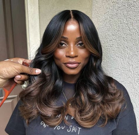 Dark Skin Highlights Hair Black Women, Black Women Ombre Hair, African American Fall Hair Color, Fall Hair Color On Black Women, Feathered Hair Black Women, Black Hairstyles Long Hair, Monochromatic Hair Black Women, Spring Hair Color Black Women, Long Hair Flipped Ends