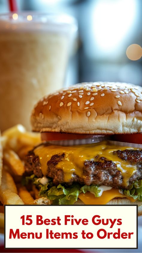 Close-up of a Five Guys burger with melted cheese, crispy fries on the side, and a creamy milkshake in the background. Guys Burgers Recipe, Five Guys Burger, Five Guy Burgers, Yummy Fries, Juicy Burgers, Crispy Fries, Crispy Fry, Five Guys, Milkshakes