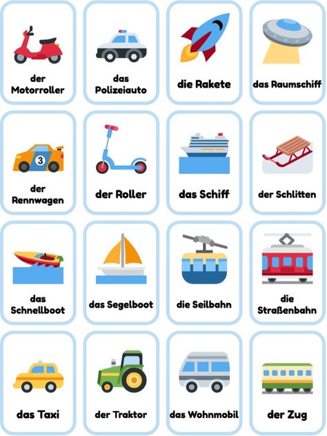 Free Printable German Transport flashcards. Full set of flashcards on website. #teachgerman #learngerman #studygerman German Flashcards, Learning German Worksheets, Online Flashcards, German Phrases Learning, German Vocabulary, Deutsch Language, German Resources, Study German, German Study