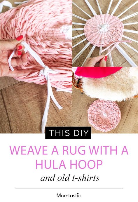 Weave A Rug, Hoop Weaving, Hoop Crochet, Hula Hoop Rug, Hoop Decorations, Diy Hula Hoop, Weaving Rugs, Rag Rug Diy, Shirt Crafts