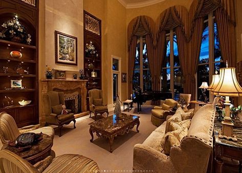 two story living room Mountain Mansion Interior, 2000s House Interior, 2000s Living Room, Fireplace Curtains, Tuscan Homes Interior, Tuscan Mansion, Tuscan Houses, Peaceful Room, Farmhouse Rooms