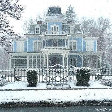 Beautiful old Victorian home in blue! Love the architecture and details kellyelko.com #victorian #oldhomes #oldhouses #curbappeal #bluehouse #bluehome #winterhome #letitsnow #kellyelko Blue Victorian House, Old Victorian Homes, Victorian Style Homes, 70 Degrees, Casas Coloniales, Victorian Mansions, Living Modern, Victorian Architecture, Sims House