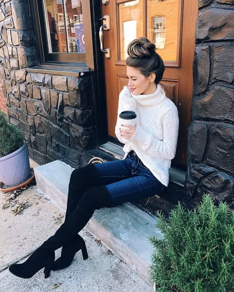 black boots, white cream turtleneck Southern Curls And Pearls, Thanksgiving Outfit Ideas, Thanksgiving Outfits, Thanksgiving Outfit, Mode Inspiration, Outfits Ideas, Fall Winter Outfits, Outfits Casuales, Over The Knee Boots