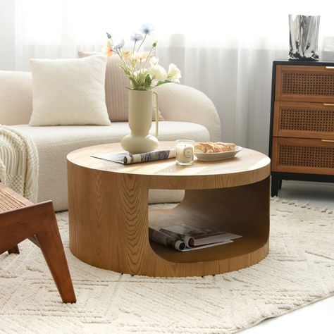 Latitude Run® Round Coffee Table with Solid Wood Veneer (Natural Oak) - Wayfair Canada Sectional Coffee Table, Modern Industrial Coffee Table, Round Wooden Coffee Table, Zen Living, House Improvement, Dining Room Cozy, Round Wood Coffee Table, Rattan Coffee Table, Industrial Coffee Table