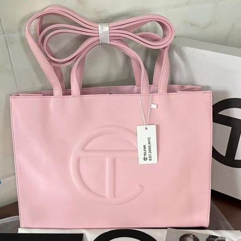  Telfar-Medium Shopping Bag -Pink  Original Chanel Bag, Gucci Satchel, Body Straps, Telfar Handbags, Lipstick Bag, Pink Girly Things, Vegan Leather Bag, Logo A, Bag Trends