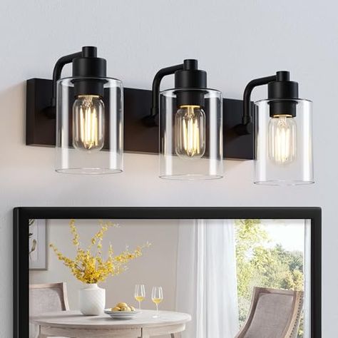 Black Bathroom Light Fixtures, Black Bathroom Fixtures, Bathroom Lights Over Mirror, Modern Black Bathroom, Black Bathroom Light, Salon Lighting, Porch Light Fixtures, Small Bathroom Renovations, Sconces Living Room