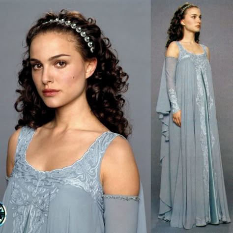 Padme Naboo Dress, Padme Costume Aesthetic, Padme Dress Gowns, Natalie Portman Star Wars Padme, Padme Blue Dress, Padme Outfit Ideas, Starwars Dresses, Padme Wardrobe, Padme Necklace