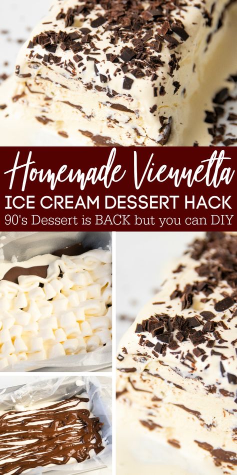 diy viennetta ice cream, vinetta ice cream dessert, ice cream cake, layered ice cream vienneta, layered ice cream recipe #dessert #summer #sweet #delicious Vanilla Wafer Ice Cream Dessert, Vienetta Ice Cream Cake Recipe, Vienna Ice Cream Cake, Italian Ice Cream Cake, Layered Ice Cream Desserts, Viennetta Ice Cream Cake, Desserts That Can Be Frozen, Ice Cream Lasagna, Simple Ice Cream Cake