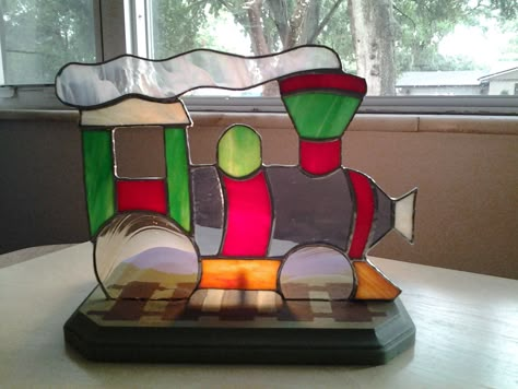 Stained glass Train lamp Stained Glass Train, Train Lamp, Glass Toys, Toy Trains, Stained Glass Christmas, Stained Glass Crafts, Stained Glass Projects, Glass Ideas, Stained Glass Mosaic