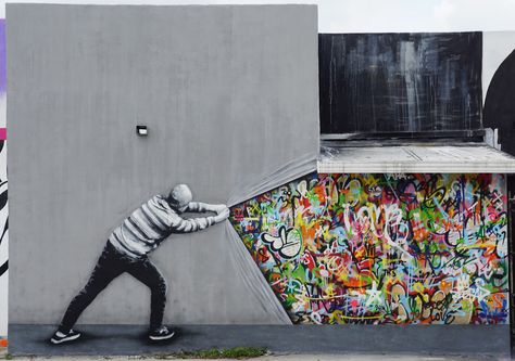 “Behind The Curtain” by Martin Whatson in Miami                                                                                                                                                                                 More Jungle Playground, Graffiti Ideas, Street Art News, Painting Graffiti, South Gate, Best Street Art, Urban Street Art, 3d Street Art, Street Graffiti