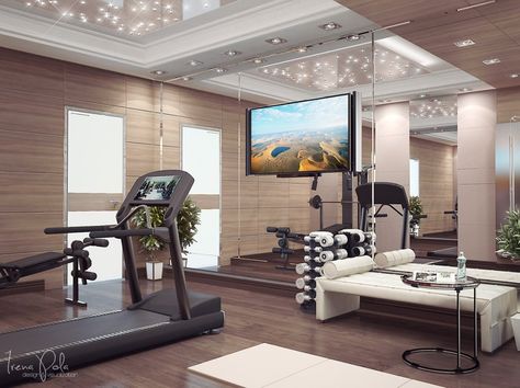 Contemporary Apartment by Irena Poliakova Home Fitness Room, Dream Home Gym, House Gym, Home Gym Garage, Workout Room Home, Bedroom Inspirations Minimalist, Basement Gym, Gym Room At Home, Gym Interior