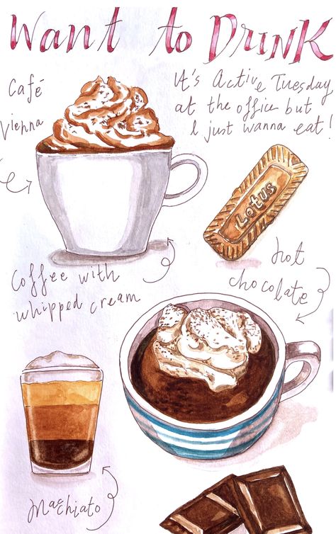 Hot Chocolate Sketch, Hot Chocolate Watercolor, Hot Chocolate Drawing, How To Do Drawing, Watercolour Food, Coffee Line, Cocoa Drink, Recipe Drawing, Foodie Art