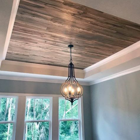 Home Dining Room Wood Ceiling Ideas Bedroom Ceiling Wood Design, Wood Covered Ceilings, Wooden Accent Ceiling, Recessed Wood Ceiling, Tray Ceiling With Wood Planks, Basement Tray Ceiling Ideas, Wood Ceilings Dining Room, Bedroom Wood Ceiling Design, Great Room Wood Ceiling