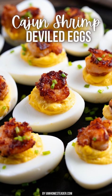 A plate filled with cajun shrimp deviled eggs. Cajun Deviled Eggs Recipe Best, Creole Deviled Eggs, Cajun Shrimp Deviled Eggs, Hot Honey Shrimp Deviled Eggs, Shrimp Deviled Eggs Recipes, Southern Easter Dinner Ideas, Cajun Party Food, Egg Flight Ideas, Crawfish Deviled Eggs Recipe