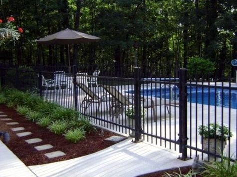 Fenced In Pool, Pool Edging, Pool Fencing Landscaping, Pool Fence Ideas, Fence Around Pool, Landscaping Around Pool, Pool Fences, Pool Plants, Inground Pool Landscaping