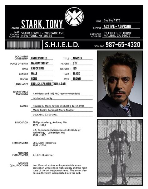 Tony Stark S.H.I.E.L.D profile Shield Files, Marvel Cinematic Universe Timeline, Marvel Diy, Marvel Shield, Univers Marvel, Chris Evans Captain America, Steve Rogers, Robert Downey Jr, Jena