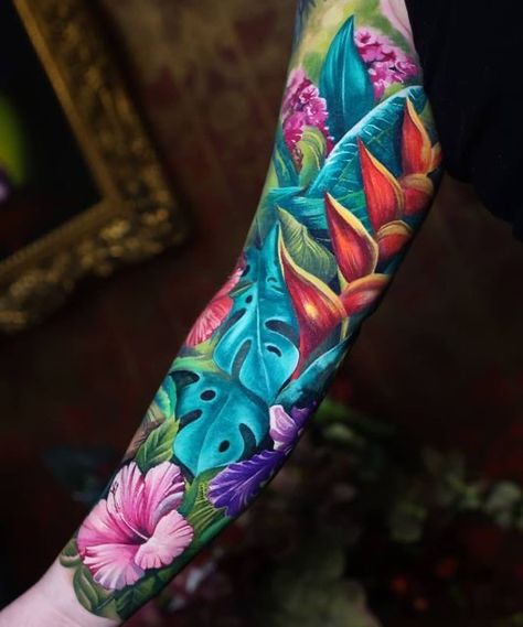 Full Color Sleeve, Tropical Flower Tattoos, Colorful Sleeve Tattoos, Tropical Tattoo, Iris Tattoo, Bright Tattoos, Full Leg Tattoos, Hibiscus Tattoo, Palm Tattoos