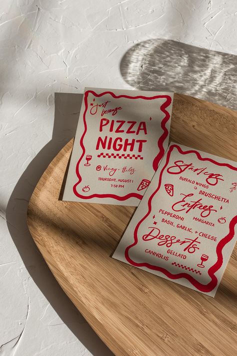 Pizza Box Invitation, Dinner Party Menu Design Aesthetic, Pizza Pajama Party, Pizza Wedding Invitation, Pizza And Pjs Party, Pizza And Pampers Party, Italian Pizza Party Theme, Pizza Themed Engagement Party, Just Married Pizza