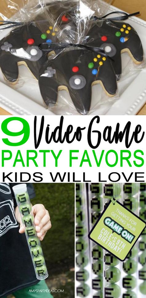 Video game party favors! Coolest party favors for a video game theme party. Video Game Party Favors Boys, Video Game Party Favor, Game Over Party Ideas, 10th Birthday Video Game Party, Gaming Birthday Party Food Ideas, Video Game Birthday Activities, Video Games Theme Party, Video Game Favors, Retro Gaming Party