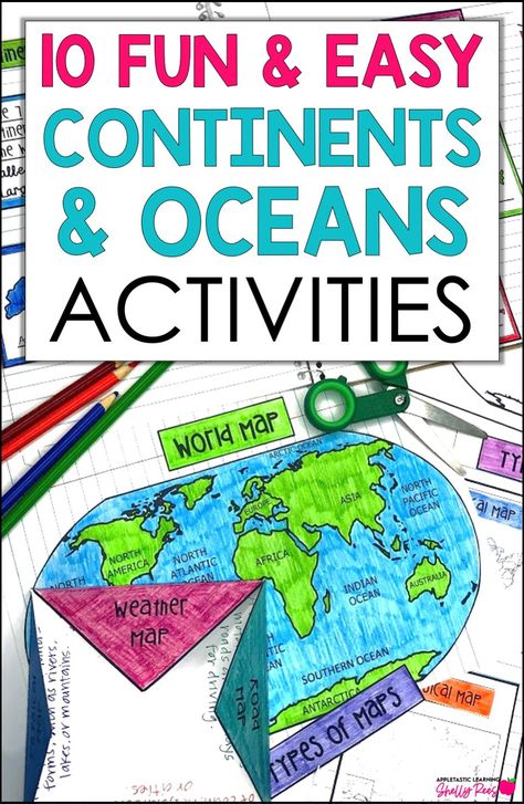 Dive into geography fun with these 10 fun, hands-on continents and oceans activities! From printable worksheets to interactive crafts and map projects, make learning the 7 continents and 5 oceans of the world a blast for kids in 2nd, 3rd, 4th, and 5th grade. Engage them with quizzes, label continents and oceans activities, and creative projects that bring the world map to life! Even includes idea for a continents and oceans quiz and a world map coloring page for kids! Continents First Grade Activities, Label Continents And Oceans, World Map Crafts For Kids, Continents And Oceans Printables Free, 7 Continents Activities, 5 Oceans Of The World, 7 Continents And 5 Oceans, World Map Crafts, Interactive Crafts