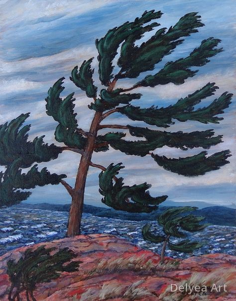 A painting of a wind-swept Jack Pine tree in Killbear Provincial Park near Parry Wind Swept Trees, Muskoka Pine Tree, Jack Pine Tree, David Langevin, Bow Building, Tree Line Drawing, Lilly Tattoo, Pine Tree Drawing, Jack Pine