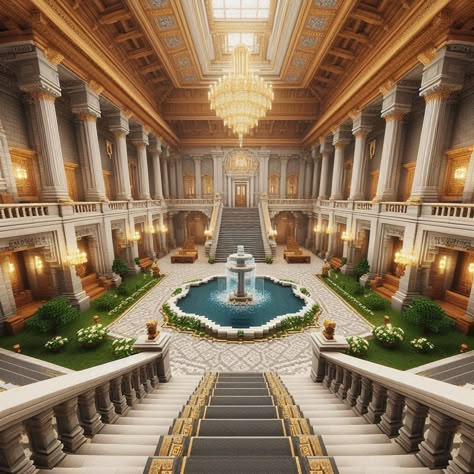 Minecraft Mansion Remodel, Minecraft Italian Mansion, Cute Minecraft Castle Ideas, Minecraft Dining Room Medieval, Minecraft Castle Library, Minecraft Grand Staircase Design, Greek Palace Minecraft, Bloxburg Castle Build, Minecraft Courtroom