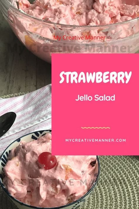 Strawberry Jello Fruit Salad is made with cool whip, strawberry jello, fruit cocktail, and cherries. #mycreativemanner Jello Salad With Fruit Cocktail, Jello And Fruit Cocktail, Fruit Cocktail Jello Salad, Fruit Salad With Jello, Jello Fruit Cocktail, Jello With Fruit Cocktail, Gelatine Recipes, Jello Fruit Salad, Fruit Cocktail Salad