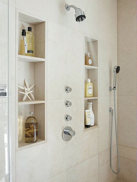 Showers shared by multiple users can benefit from customized sprays. Many high-end shower systems offer a single-control, programmable push-button module for selecting water temperature and specifying the operation of showerheads, body sprays, and pulsation intervals. For more affordable customization, try handheld showers and slide bars that make shower height optimal for each user. Tile Shower Shelf, Bathroom Niche, Master Shower, Shower Niche, Trendy Bathroom, Shower Shelves, Shower Remodel, The Shower, House Bathroom