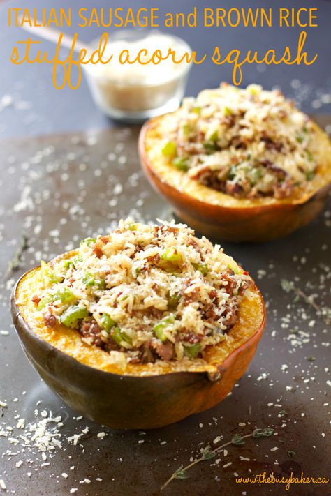 This Italian Sausage and Brown Rice Stuffed Acorn Squash is a deliciously healthy easy weeknight meal idea made with sausage, whole grain rice, and seasonal veggies! Recipe from thebusybaker.ca! #stuffedacornsquash #italiansausagestuffed #easyweeknightmeal Rice Stuffed Acorn Squash, Quinoa Stuffed Acorn Squash, Butternut Squash Recipes Pasta, Squash Pasta Recipe, Teriyaki Chicken Rice Bowl, Seasonal Veggies, Teriyaki Chicken And Rice, Easy Teriyaki Chicken, Stuffed Acorn Squash