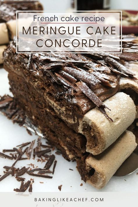 A single slice of cake Concorde with chocolate shavings aside Chocolate Meringue Layer Cake, French Chocolate Desserts, Gateau Concorde, Marquise Cake, Concorde Cake, Meringue Layer Cake, Chocolate Meringue Cake, Canadian Baking, Meringue Cake Recipe