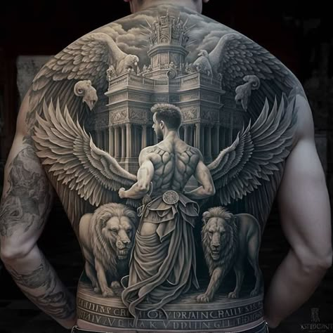 Roman Back Tattoo Men, Back Of The Next Tattoos, Greek And Egyptian Mythology Tattoos, Gladiator Back Tattoo, Roman Lion Tattoo, Man In The Arena Tattoo, Roman Back Tattoo, Mythology Back Tattoo, Back Tattoo Men Full