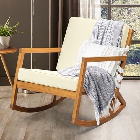 Comfortabe modern rocker for a cozy morning or evening. Front Porch Chairs, Modern Rocker, Wooden Outdoor Furniture, Rocking Chair Porch, Porch Chairs, Modern Rocking Chair, Backyard Balcony, Rocking Chair Set, Patio Rocking Chairs