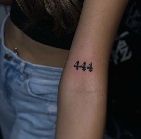 Big 444 Tattoo, 444 Matching Tattoo Ideas, 444 On Arm Tattoo, 444 Traditional Tattoo, Old English 444 Tattoo, 444 Tattoo Ideas Red Ink, Tattoo Ideas Female Numbers, Angle Number Tattoo 444, Angel Number Tattoo On Wrist