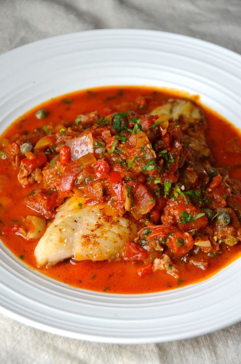 Broiled Fish with Rustic Mediterranean Tomato, Onion & Caper Sauce - Always Order Dessert Fish Tomatoes Olives Capers, Fish Tomato Sauce Recipe, Fish With Tomato Sauce, Fish Tomato Recipe, Sicilian Fish Recipes, Fish And Tomatoes, Fish Tomato, Red Sauce For Fish, Mediterranean Sauce For Fish