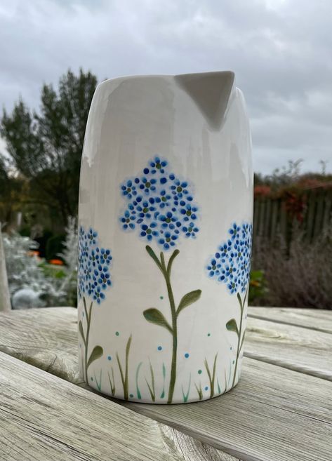 Blue Hydrangea Jug, Pitcher, Vase. Ceramic Pottery Shop, Hand Painted Decorative Home Gifts, Large - Etsy UK Painted Pottery Vase Ideas, Hand Painted Vases Pottery, Jug Pottery Painting Ideas, Ceramic Jug Painting Ideas, Pottery Painting Vase Ideas, Vase Pottery Painting Ideas, Pottery Painting Vase, Vase Pottery Painting, Vase Painting Ideas