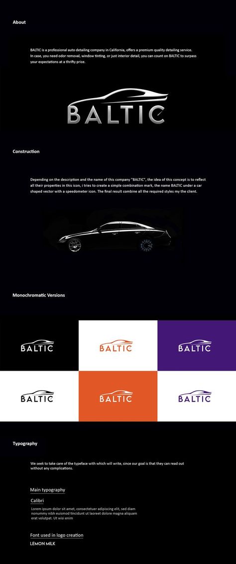 Baltic is a professional auto detailing company in California, Usa. Offers a premium quality detailing services. Depending on the description and the name of the company " BALTIC " the idea of this concept is to reflect all the properties in this icon. I tries to create a simple combination mark, the name baltic under a car shaped vector with a speedometer icon. The final result combines all the required styles by the client. Car Services Logo, Combination Mark Logo Design, Car Detailing Branding, Auto Service Logo, Car Dealership Logo, Car Company Logo, Car Detailing Logo, Company Badge, Motor Logo