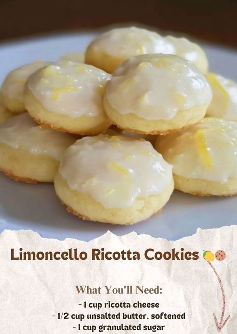 Limoncello Ricotta Cookies, Limoncello Cookies Recipe, Lemon Ricotta Cookies, Ricotta Cookies, Desserts Cookies, Lemon Drizzle, Cookies Pastry, Lemon Ricotta, Italian Cookies