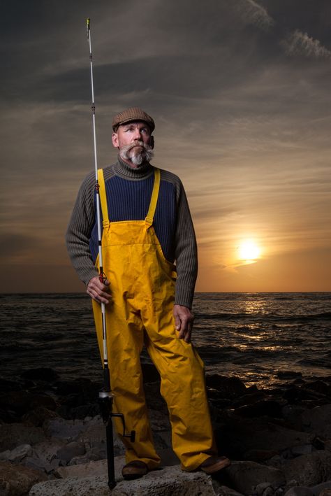 StandingPortrait - From Palos Verdes, CA... Just one Einstein modified by a 56" Octabox at 45 degrees, camera Left.  The ambient was dropped one stop to create a moody effect. No Photoshop was used, this is straight out of the camera. Female Fisherman, Nautical Aesthetic, Old Fisherman, Beyond The Sea, Photographer Portrait, Rochester Ny, Fashion People, Pose Reference Photo, Fishing Trip